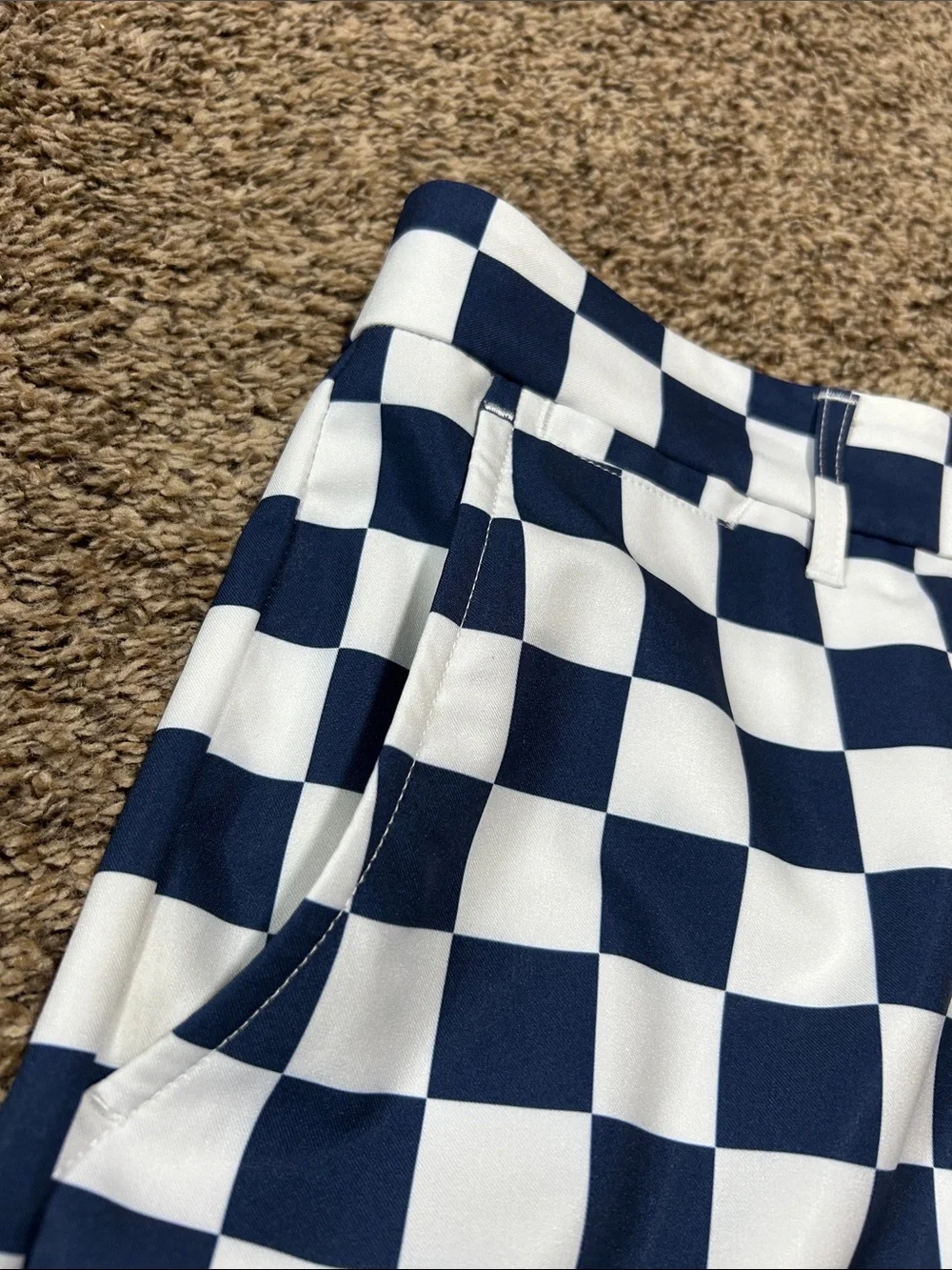 Lesmart Men's Navy and White Checkerboard Flat Front Golf Shorts